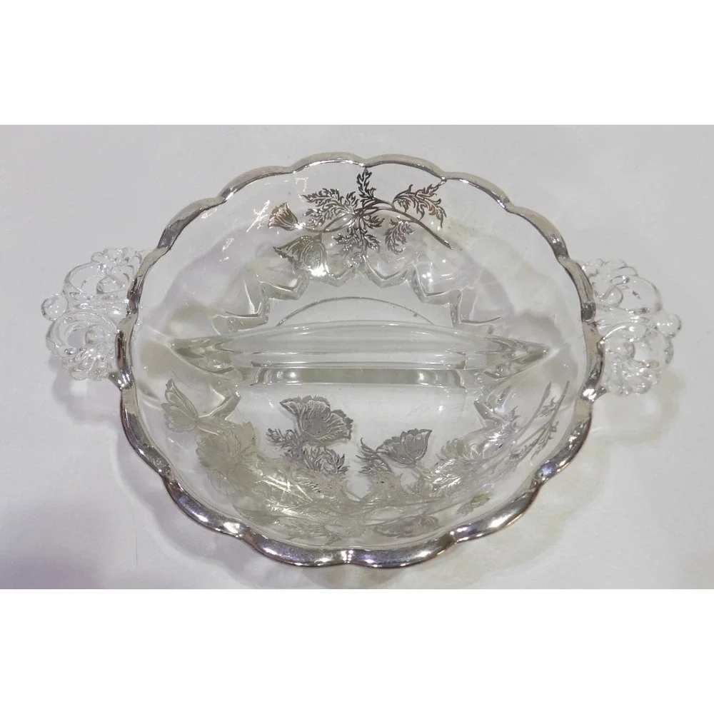 Vintage Silver Overlay Glass Divided Relish Dish Floral Poppy Scalloped Handle